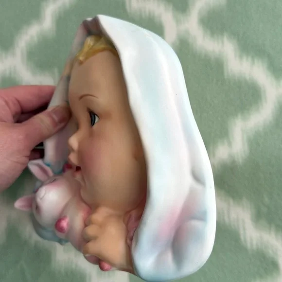 1965 Vintage Ucagco Japan ceramic hand painted Baby Wall Plaques - Pink and Blue - Picture 5 of 9